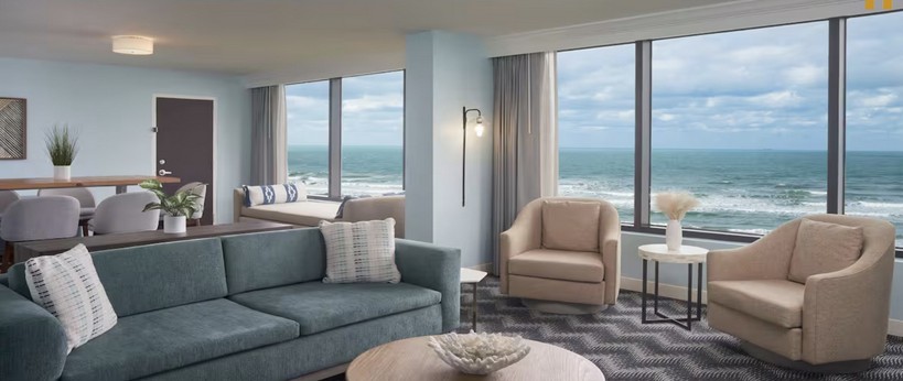 Hilton Cocoa Beach suite living area with ocean view