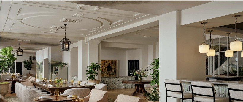 Pergola Restaurant and Bar dining room with lantern pendants